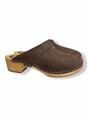 Swedish Wooden Clogs Brown Suede Mule Size 8 Scandinavian Comfort